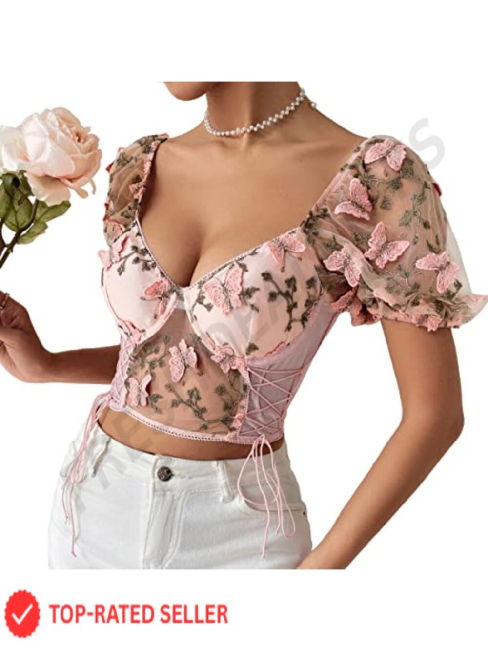 Floral Embroidered Puff Sleeve Corset Crop Top Bustier Tank